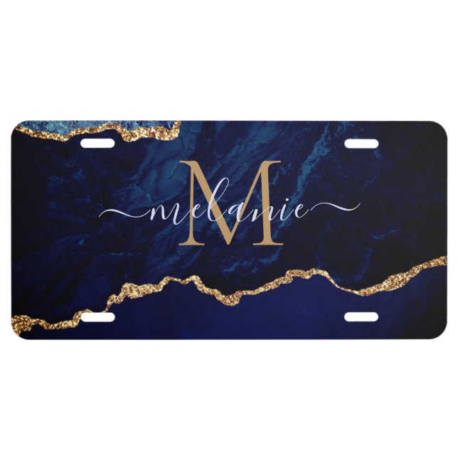 Agate Navy Blue Gold Your Name License Plate (Front)