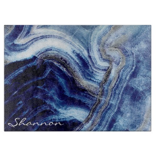 Agate Navy Blue Marble Background with Name  Cutting Board