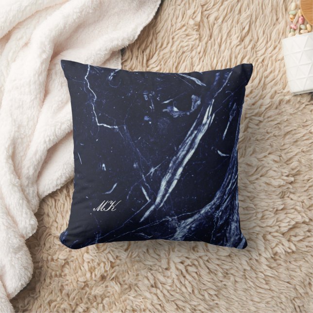 Agate Navy Blue Marble Custom Name Letter  Throw Pillow (Blanket)