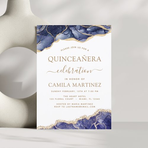 Agate Navy Blue Quinceaera Gold 15th Birthday Inv Invitation