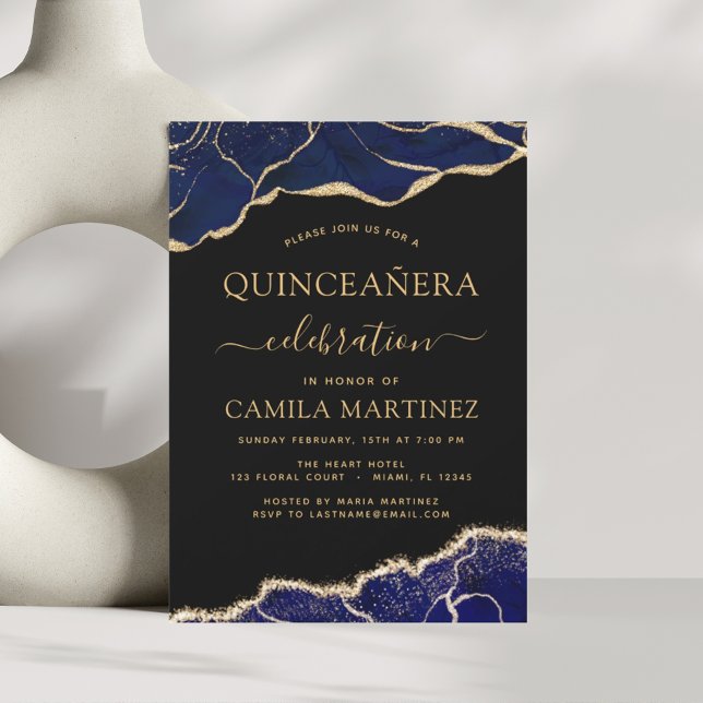 Agate Navy Blue Quinceañera Gold 15th Birthday Inv Invitation (Creator Uploaded)