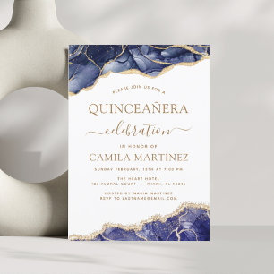 Agate Navy Blue Quinceañera Gold 15th Birthday Invitation