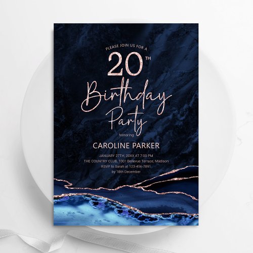 Agate Navy Blue Rose Gold 20th Birthday Invitation