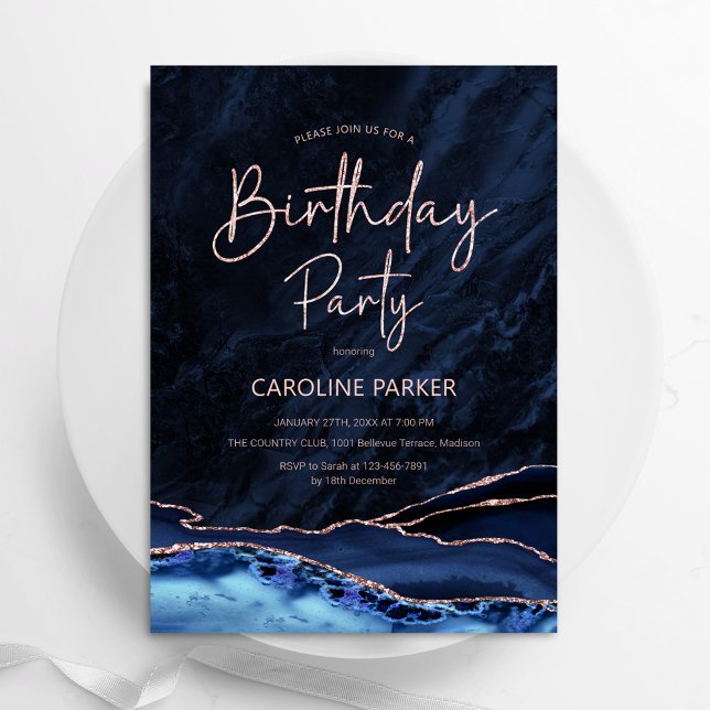 Agate Navy Blue Rose Gold Birthday Any Age Invitation (Creator Uploaded)