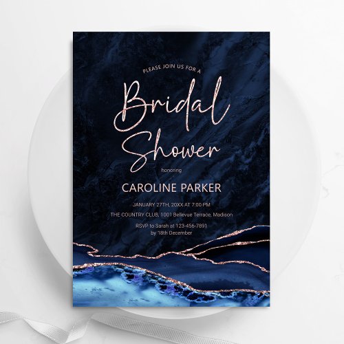 Agate Navy Blue Rose Gold Bridal Shower Invitation