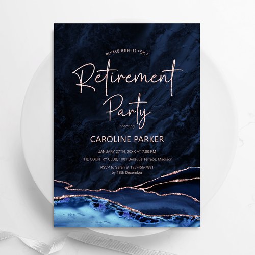 Agate Navy Blue Rose Gold Retirement Party Invitation