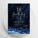 Agate Navy Blue Silver 18th Birthday Invitation<br><div class="desc">Navy blue and silver agate 18th birthday party invitation. Elegant modern design featuring royal blue watercolor agate marble geode background,  faux glitter silver and typography script font. Trendy invite card perfect for a stylish women's bday celebration. Printed Zazzle invitations or instant download digital printable template.</div>