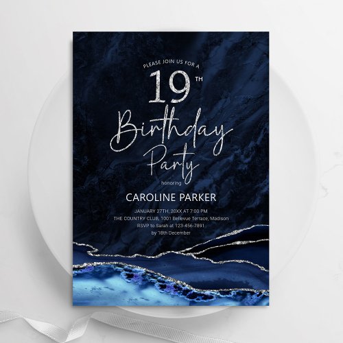 Agate Navy Blue Silver 19th Birthday Invitation