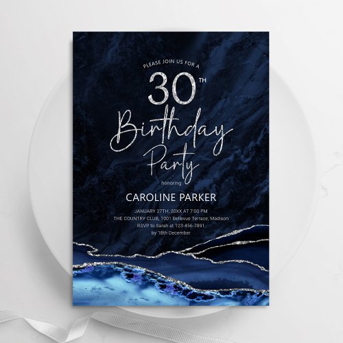 Agate Navy Blue Silver 30th Birthday Invitation