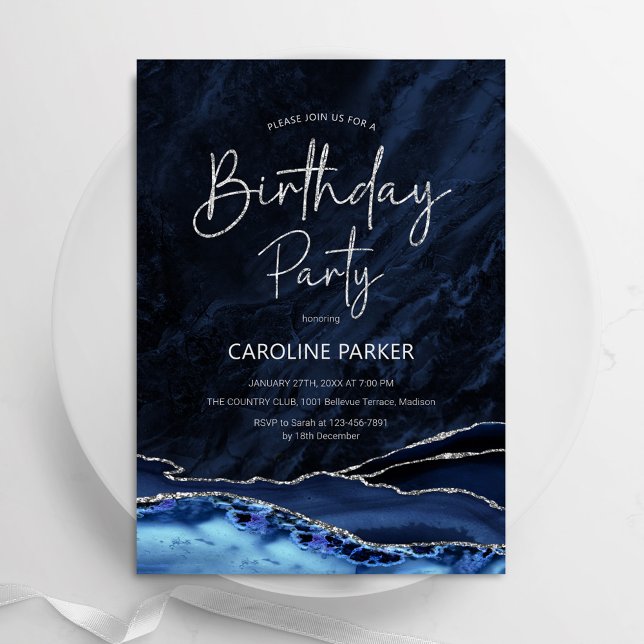 Agate Navy Blue Silver Birthday Any Age Invitation (Creator Uploaded)