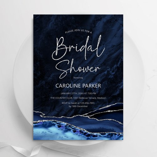 Agate Navy Blue Silver Bridal Shower Invitation