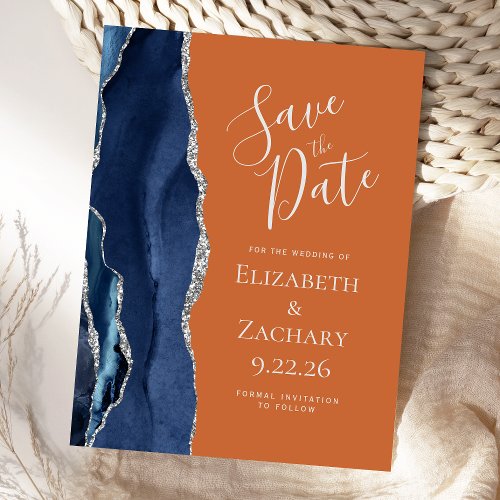 Agate Navy Blue Silver Burnt Orange Save the Date  Announcement Postcard