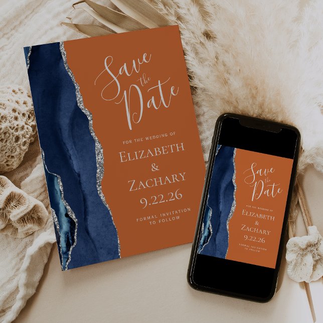 Agate Navy Blue Silver Burnt Orange Save the Date Invitation (Creator Uploaded)