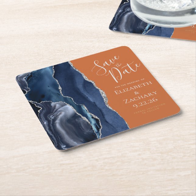 Agate Navy Blue Silver Burnt Orange Save the Date Square Paper Coaster (Angled)