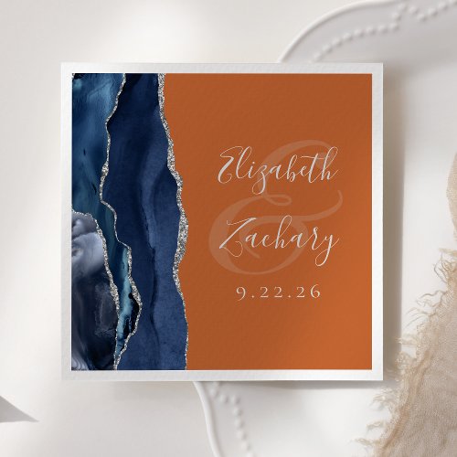 Agate Navy Blue Silver Burnt Orange Wedding Napkins