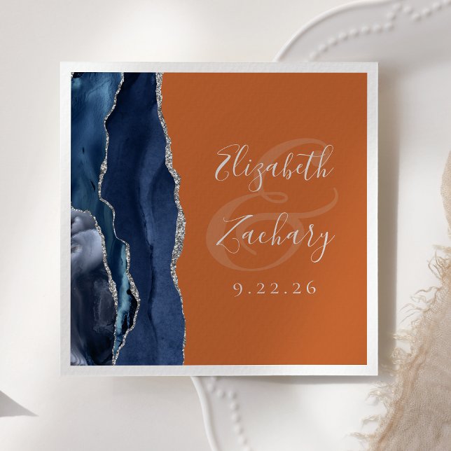 Agate Navy Blue Silver Burnt Orange Wedding Napkins (Creator Uploaded)