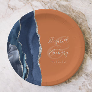 Agate Navy Blue Silver Burnt Orange Wedding Paper Plates