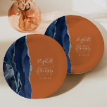 Agate Navy Blue Silver Burnt Orange Wedding Paper Plates<br><div class="desc">These elegant modern wedding plates feature a blue watercolor design trimmed with faux silver glitter. Easily customize the silver gray text on a burnt orange background,  with the names of the bride and groom in handwriting calligraphy over a large ampersand.</div>