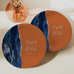 Agate Navy Blue Silver Burnt Orange Wedding Paper Plates