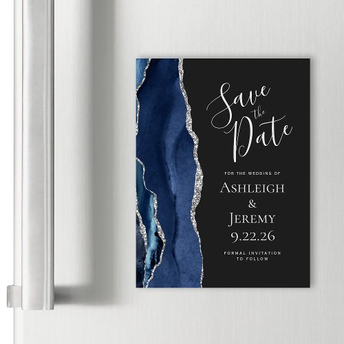Agate Navy Blue Silver Dark Magnetic Save the Date