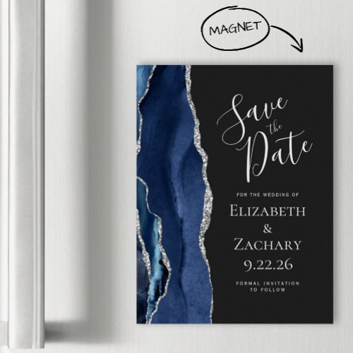 Agate Navy Blue Silver Dark Magnetic Save the Date