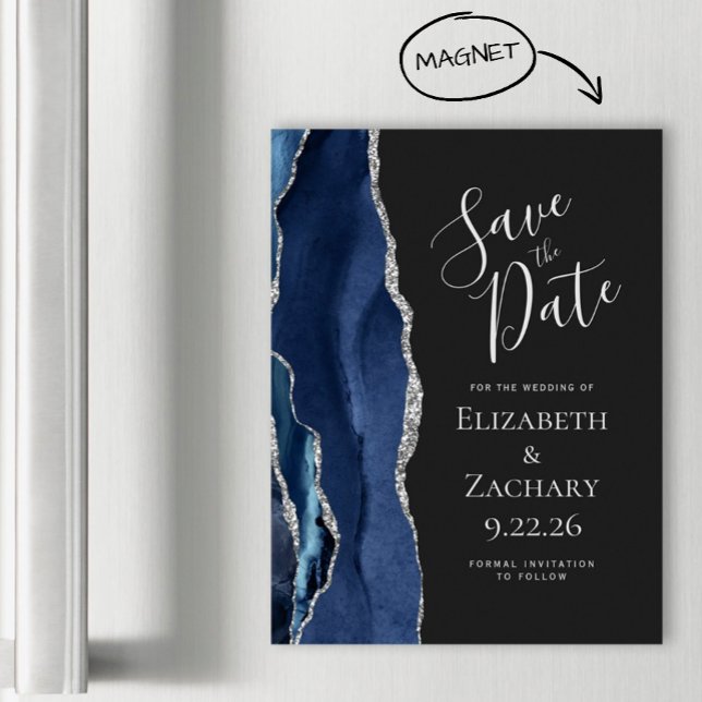 Agate Navy Blue Silver Dark Magnetic Save the Date (Creator Uploaded)