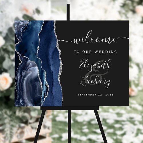 Agate Navy Blue Silver Dark Wedding Welcome Sign