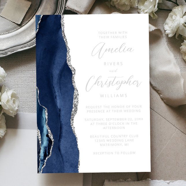 Agate Navy Blue Silver Modern Script Wedding Foil Invitation (Creator Uploaded)