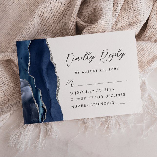 Agate Navy Blue Silver Modern Script Wedding RSVP Card (Creator Uploaded)