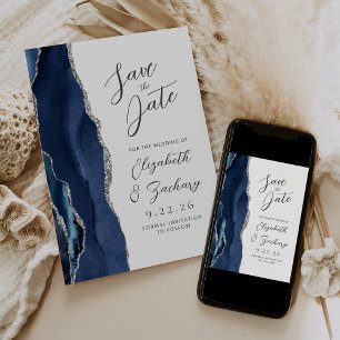 Agate Navy Blue Silver Modern Script Wedding Save The Date