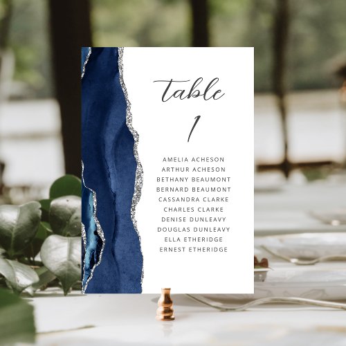 Agate Navy Blue Silver Modern Script Wedding Table Number