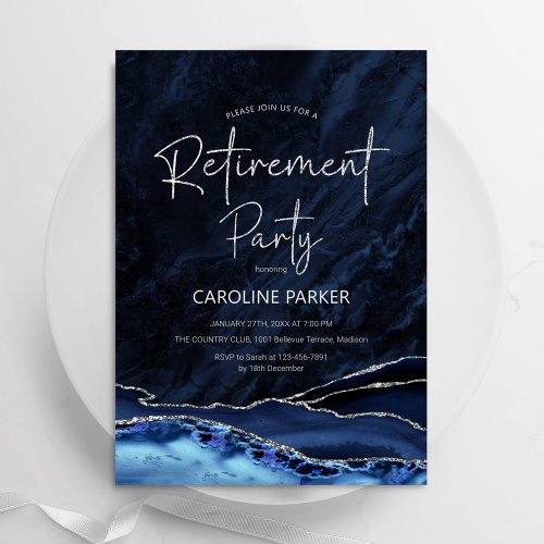 Agate Navy Blue Silver Retirement Party Invitation