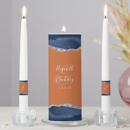 Agate Navy Blue Silver Script Burnt Orange Wedding Unity Candle Set