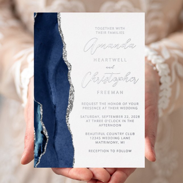 Agate Navy Blue Silver Script Wedding Foil Invitation (Creator Uploaded)