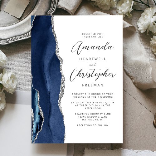 Agate Navy Blue Silver Script Wedding Invitation