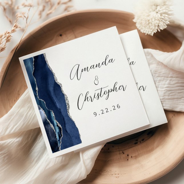 Agate Navy Blue Silver Script Wedding Napkins (Creator Uploaded)