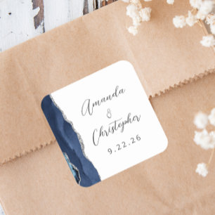 Agate Navy Blue Silver Script Wedding Square Sticker