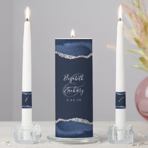 Agate Navy Blue Silver Script Wedding Unity Candle Set