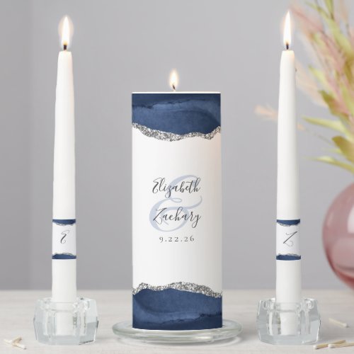 Agate Navy Blue Silver Script Wedding Unity Candle Set