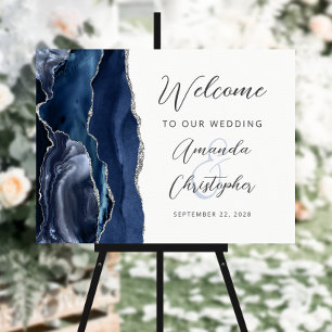 Agate Navy Blue Silver Script Wedding Welcome Foam Board