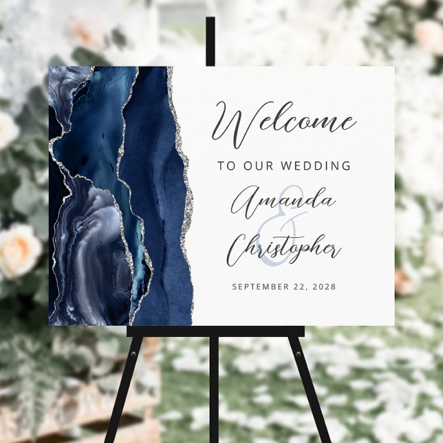 Agate Navy Blue Silver Script Wedding Welcome Foam Board (Creator Uploaded)