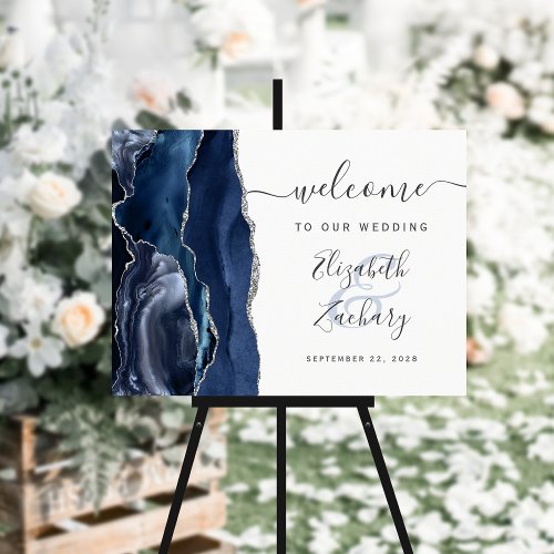 Agate Navy Blue Silver Wedding Welcome Foam Board