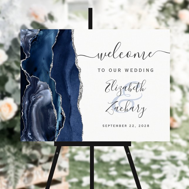 Agate Navy Blue Silver Wedding Welcome Foam Board (Creator Uploaded)