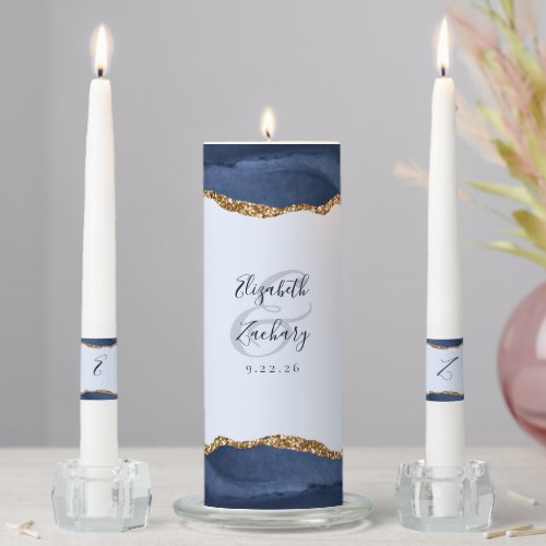 Agate Navy Light Blue Gold Script Wedding Unity Candle Set