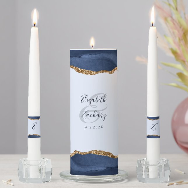 Agate Navy Light Blue Gold Script Wedding Unity Candle Set (In Situ)