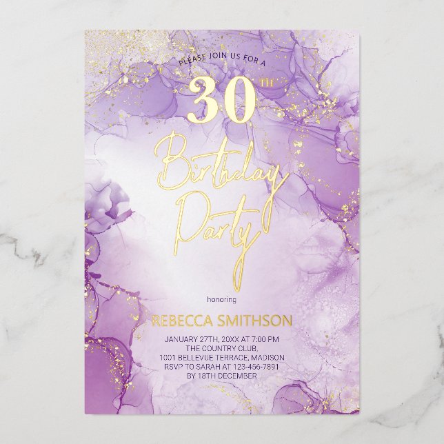 Agate Navy Purple and Gold 30th Birthday Foil Invitation (Front)