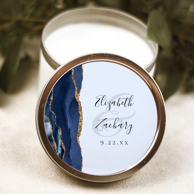 Agate Navy Script Pale Blue Gold Wedding Classic Round Sticker (Creator Uploaded)