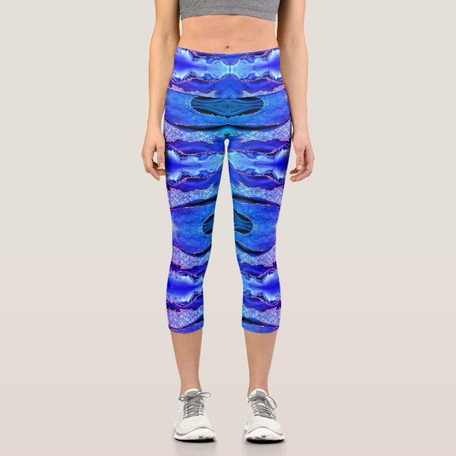 Agate Neon Blue Gold Glitter Marble Capri Leggings (Front)