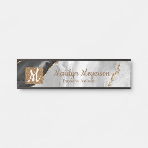 Agate Office Door Sign Black White Gold Glitter