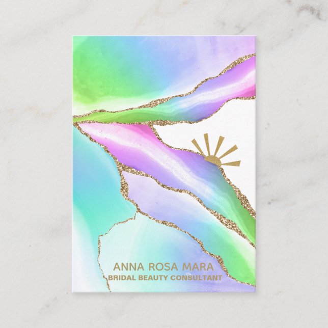*~* Agate Pastel Rainbow Gold Glitter Veins Business Card (Front)